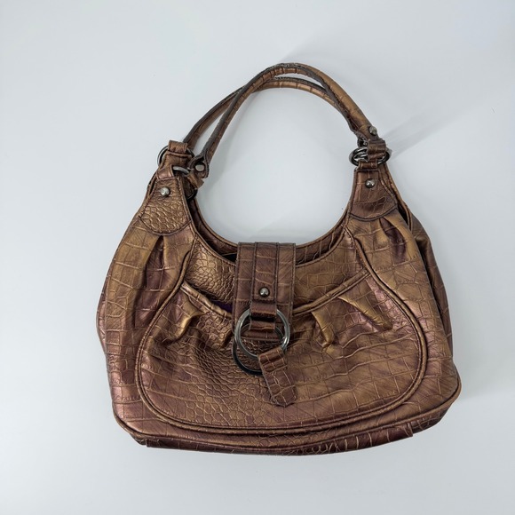 Mondani Handbags - Y2K Mondani New York Bronze Metallic Croc Embossed Hobo Bag Purple Lining